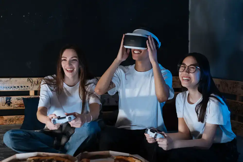 Friends playing virtual reality together
